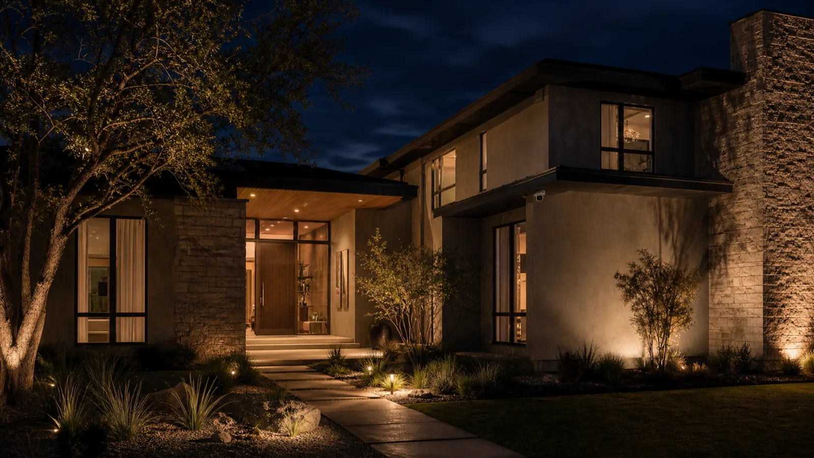 A modern home exterior at night with a camera and subtle motion-activated pathway lighting, calm and secure mood.