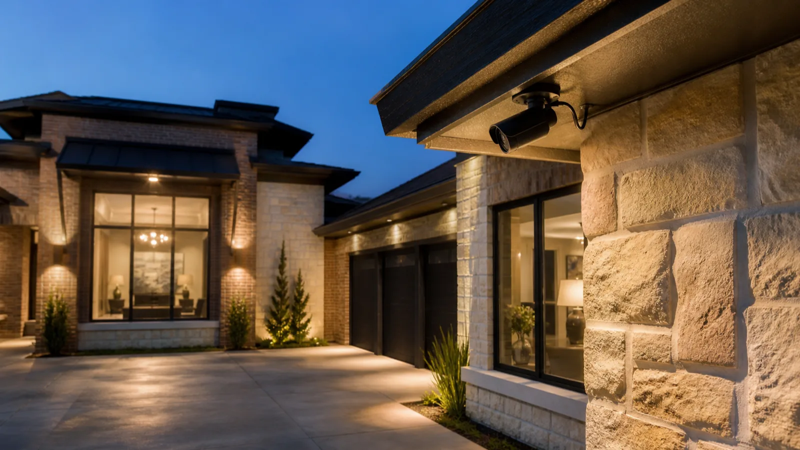 A discreet exterior security camera mounted under the eave of a modern brick-and-stone Texas home at dusk, driveway softly lit below.