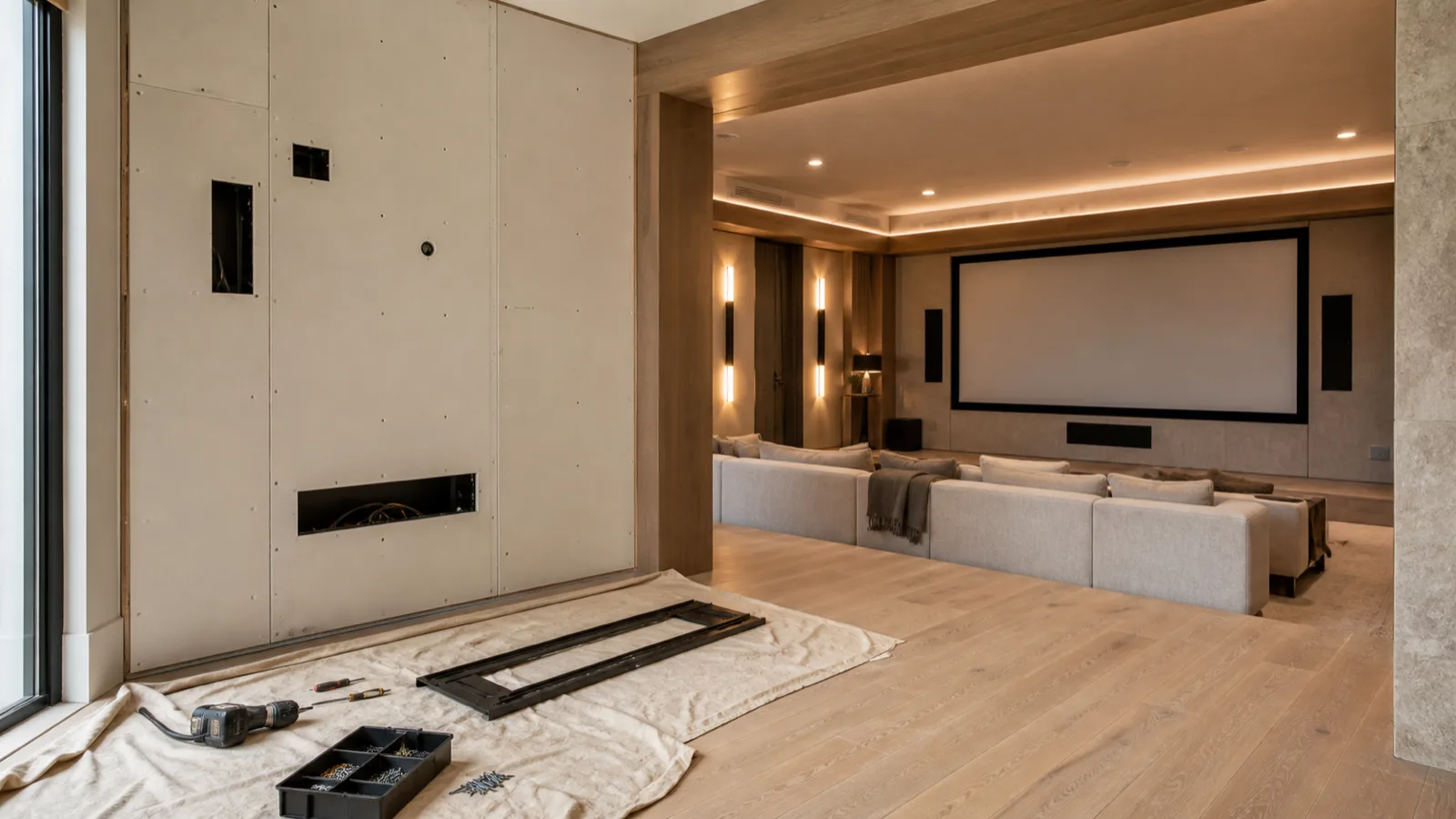 An unfinished media wall with tools and a mounting bracket on the floor beside a professionally finished theater beyond.