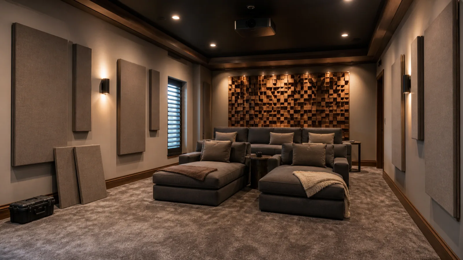 A theater room mid-treatment with fabric-wrapped panels on side walls, a diffuser on the rear wall and heavy carpet.