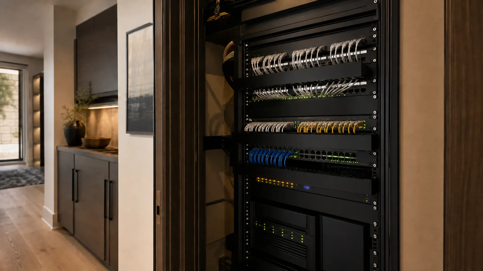 A tidy structured-wiring closet with neatly combed ethernet patch cables in a rack, glowing status lights.