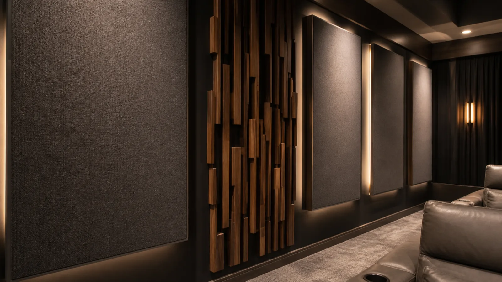 A close architectural study of fabric-wrapped acoustic wall panels and diffusers in a dim theater room.