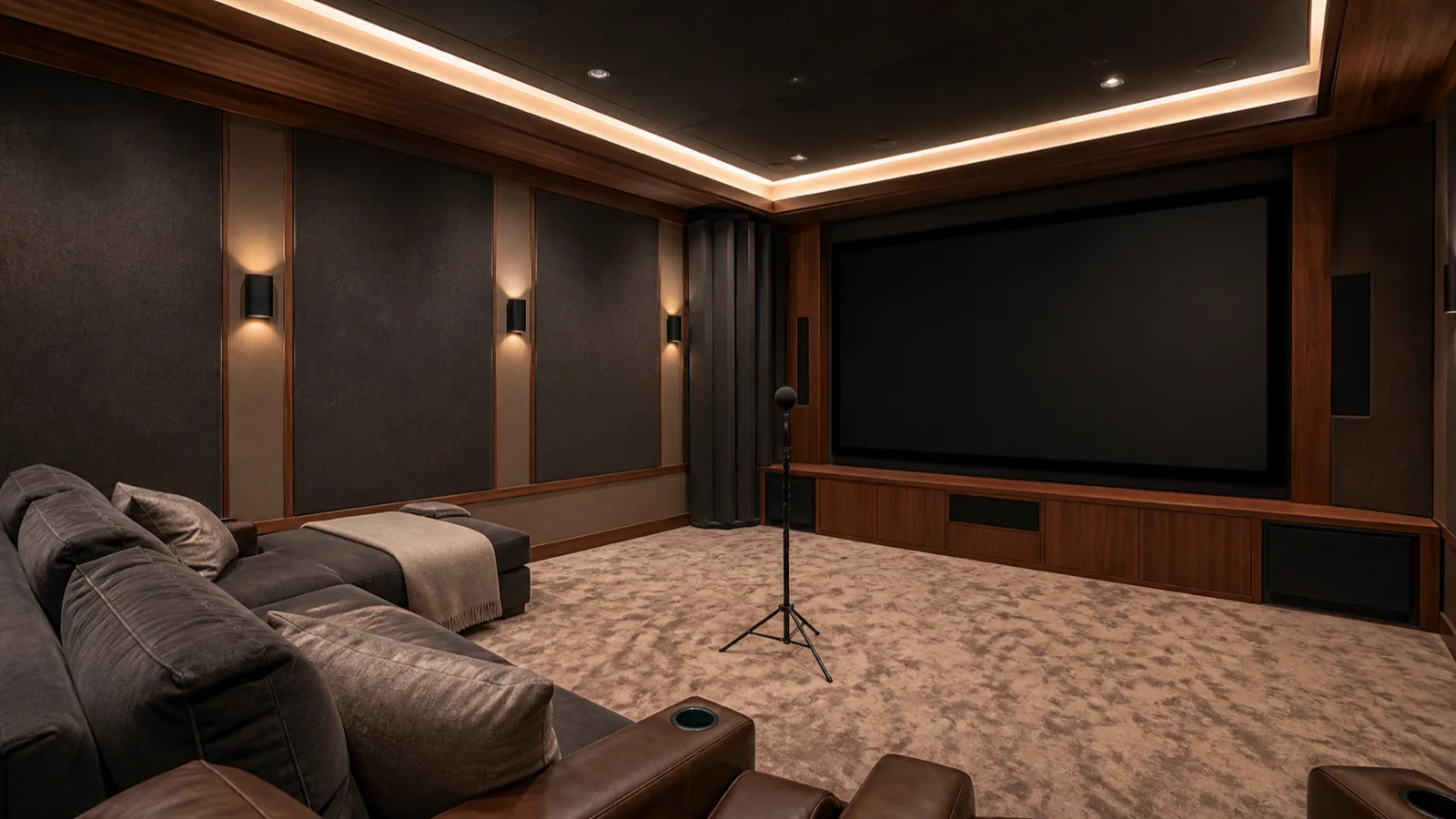 A home theater with visible acoustic treatment panels and a bass trap in the corner, measurement microphone on a stand mid-room.