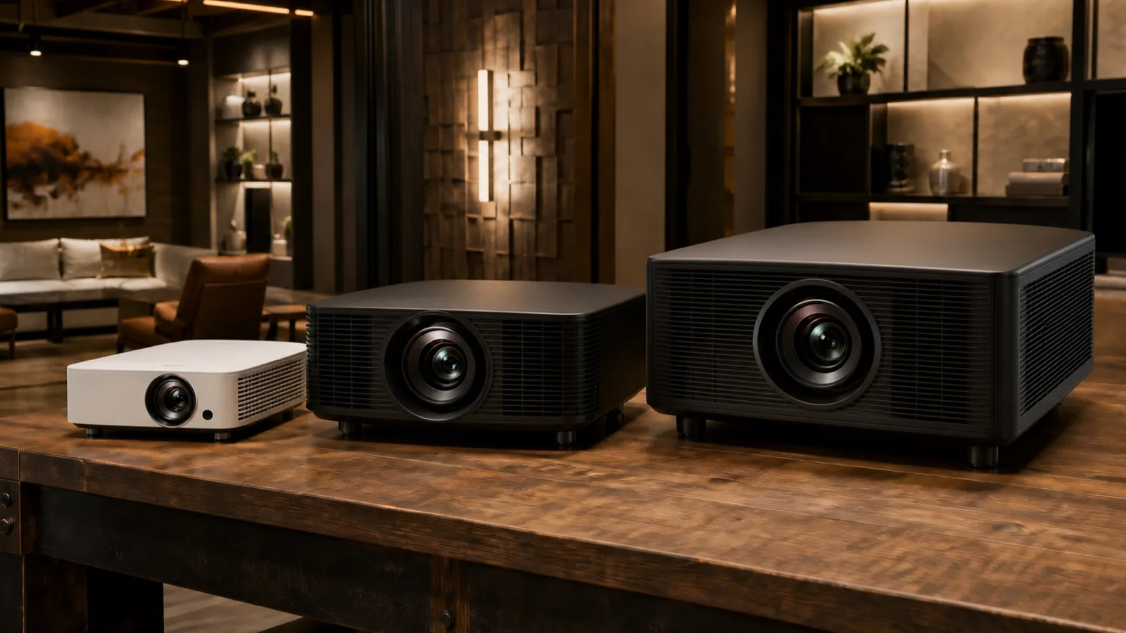 Three unbranded projectors of different sizes on a workbench under studio lighting, lenses catching highlights.