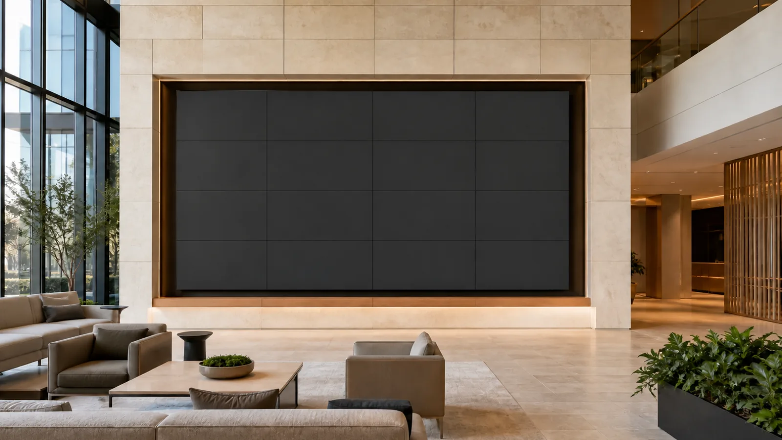 A corporate atrium with a large multi-panel video wall showing a plain dark neutral surface.
