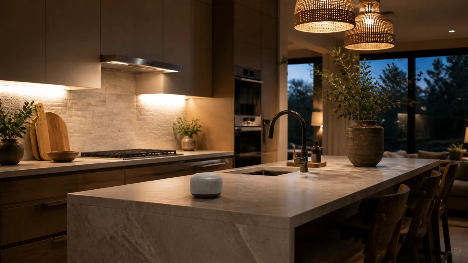 A calm modern kitchen at evening with a small unbranded voice speaker on the island and warm layered lighting.