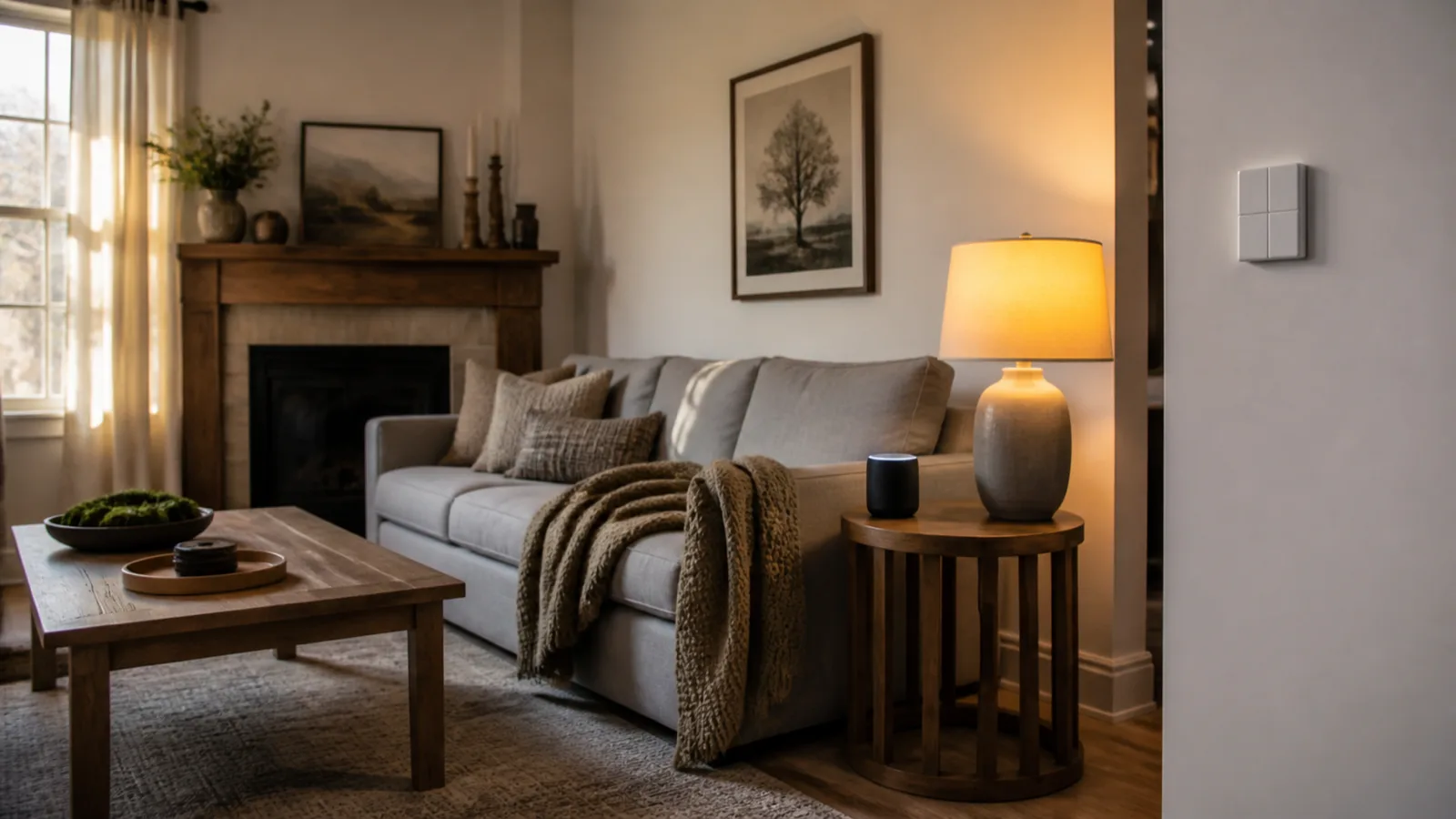 A cosy modest living room with a single smart speaker, a smart bulb lamp and a compact wall keypad.