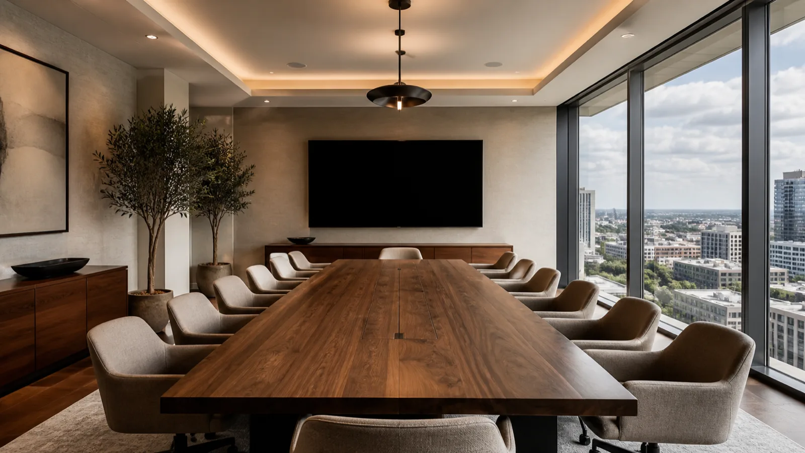 An executive conference room with a long walnut table, blank widescreen display, ceiling speakers and city view.
