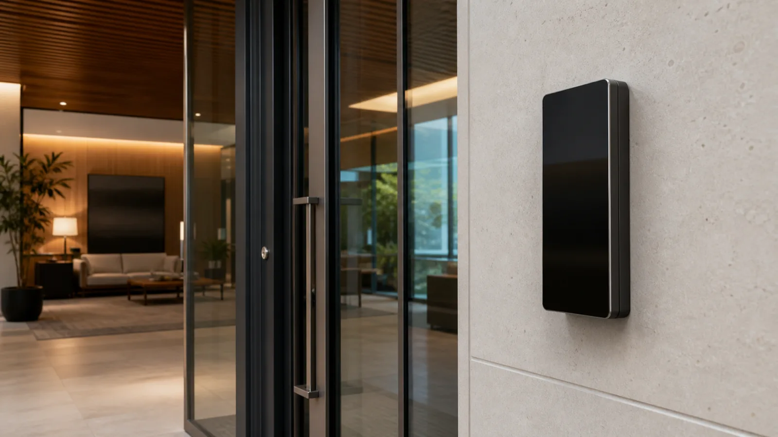 A modern office entry with a sleek unbranded intercom station beside a glass door.