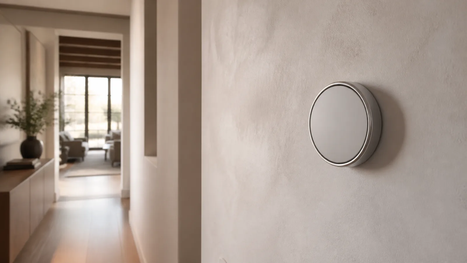 A smart thermostat on a clean plaster hallway wall with warm daylight from a nearby window.