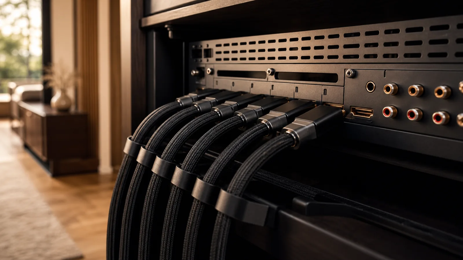 A close macro study of premium HDMI cable ends and a rack-mounted AV receiver's rear panel, cables neatly dressed.