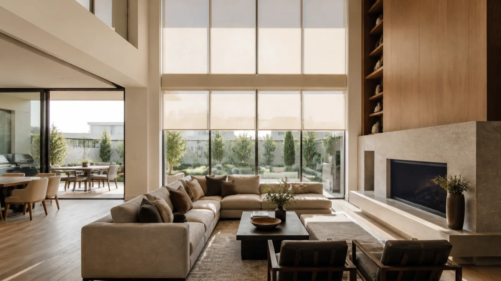 A bright double-height living room with floor-to-ceiling windows and motorized roller shades half-lowered against afternoon sun.