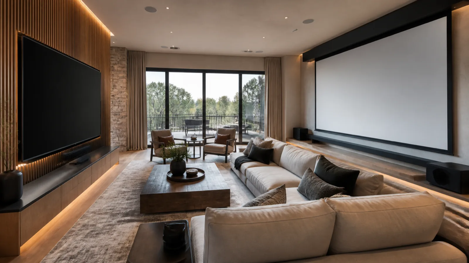 One room photographed to show a very large flat panel on one wall and a projection screen on the opposite wall.