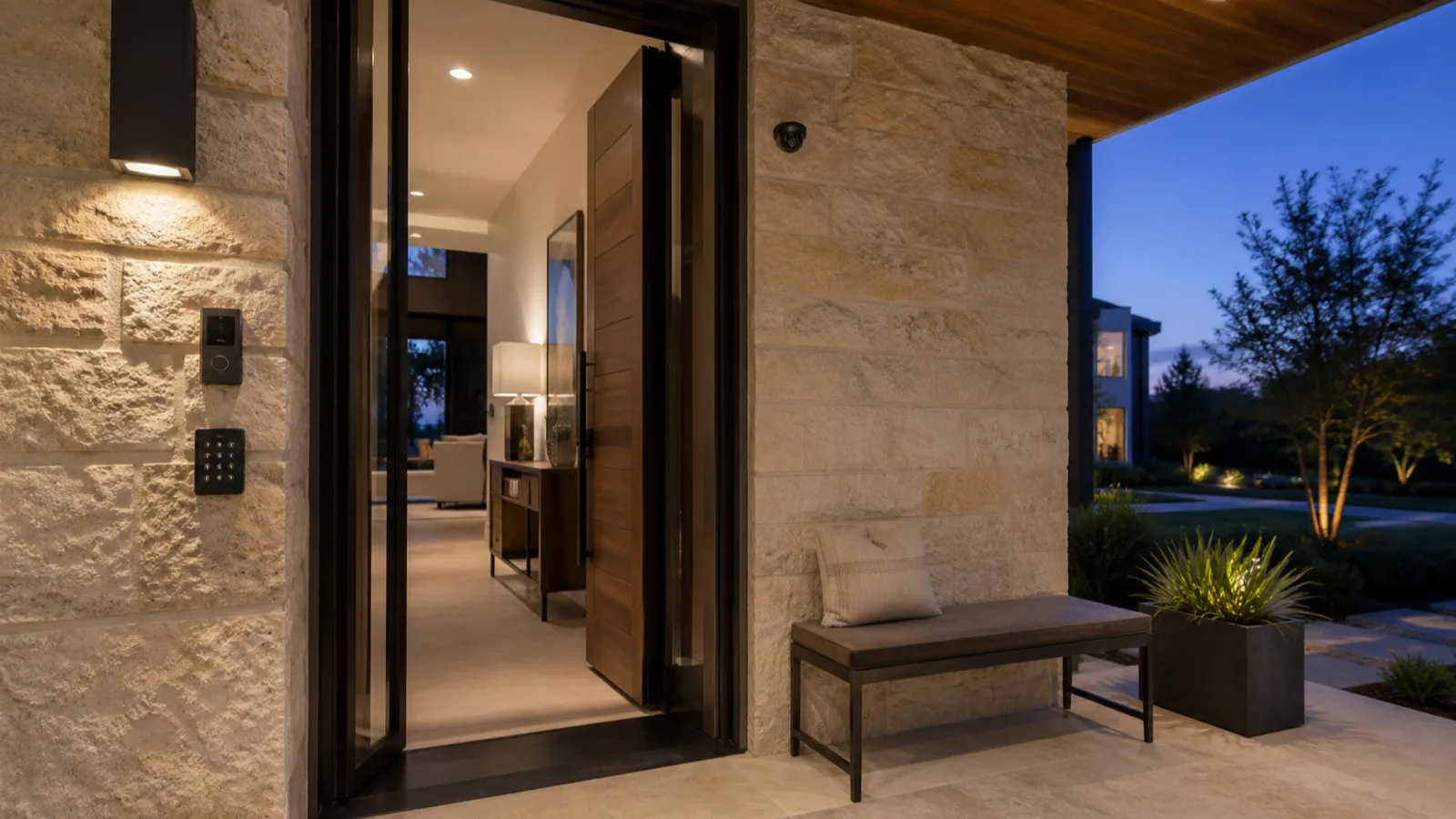 A modern home entry at twilight with a video doorbell, keypad and camera integrated cleanly into the stone facade.