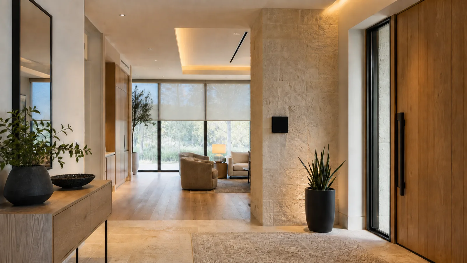An elegant entry hall with a single wall touch panel and integrated lighting, shades and climate visible through the space.
