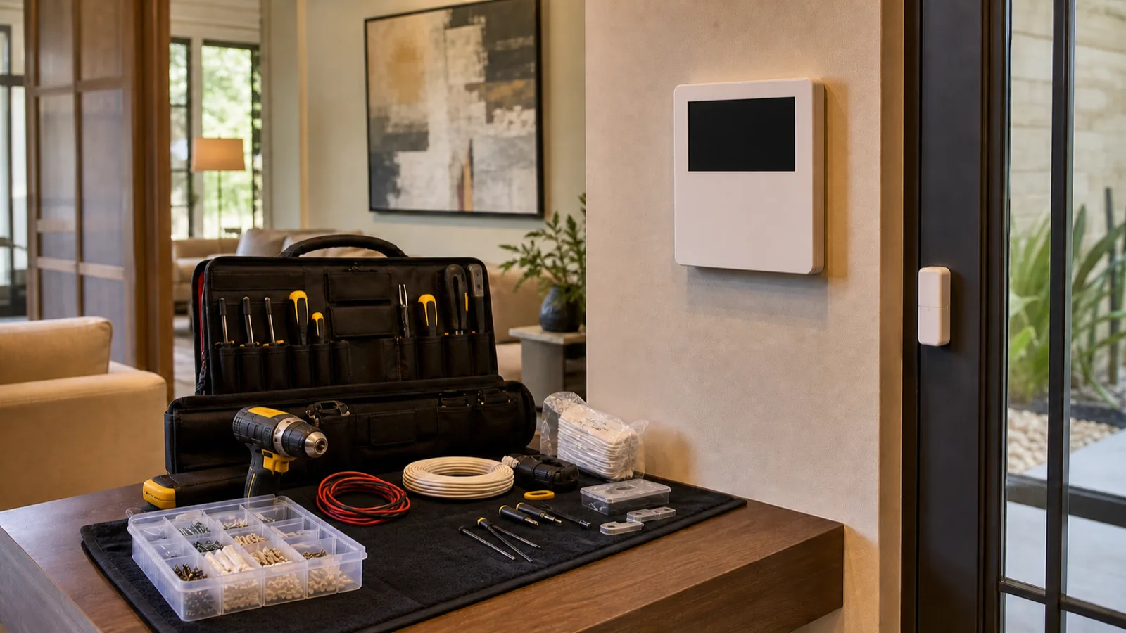 A technician's neatly organised install kit on a table beside a freshly mounted keypad and door sensor.