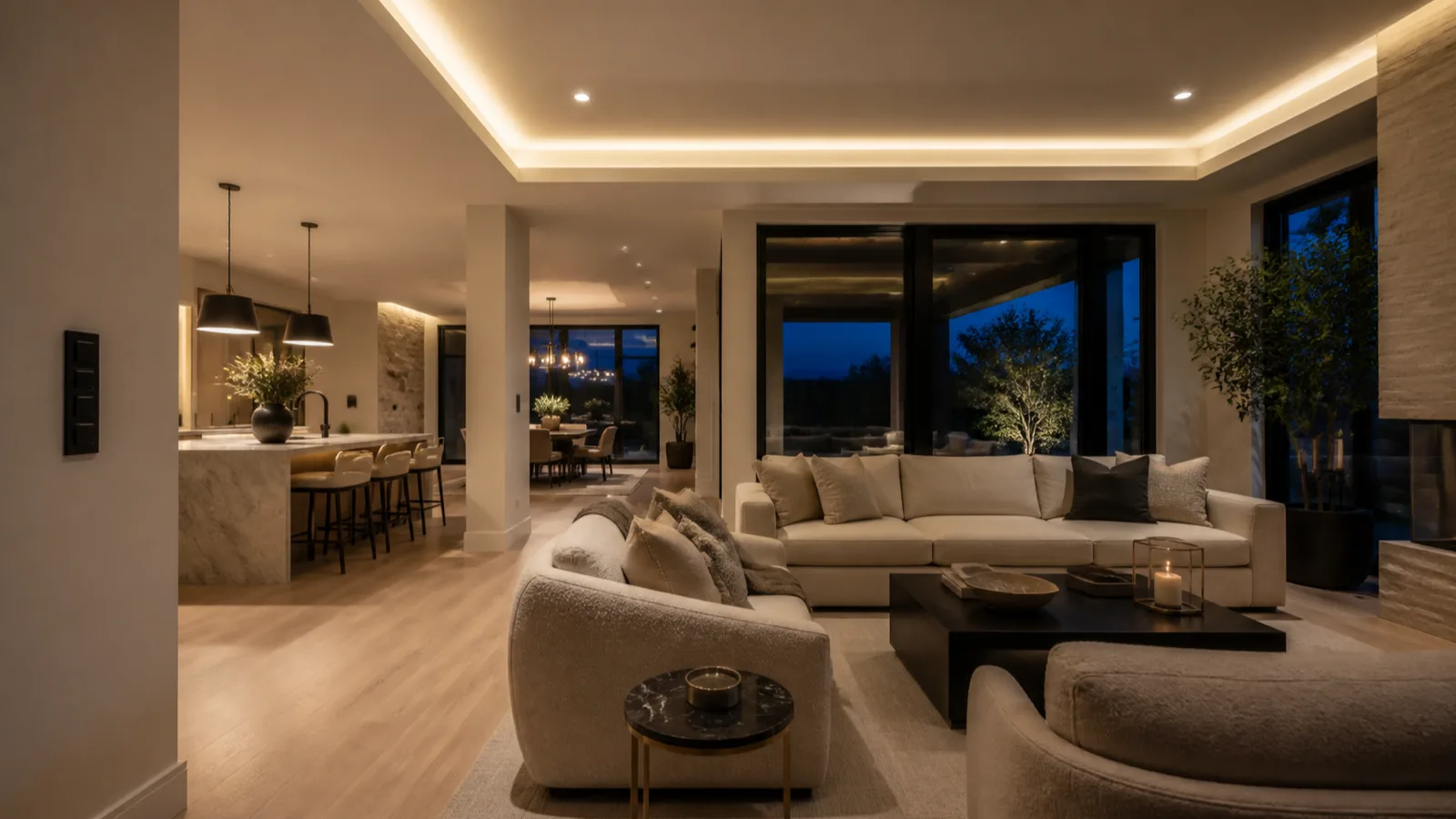 A modern open-plan living room at dusk with layered lighting scenes: cove lighting, warm downlights and an elegant keypad on the wall.