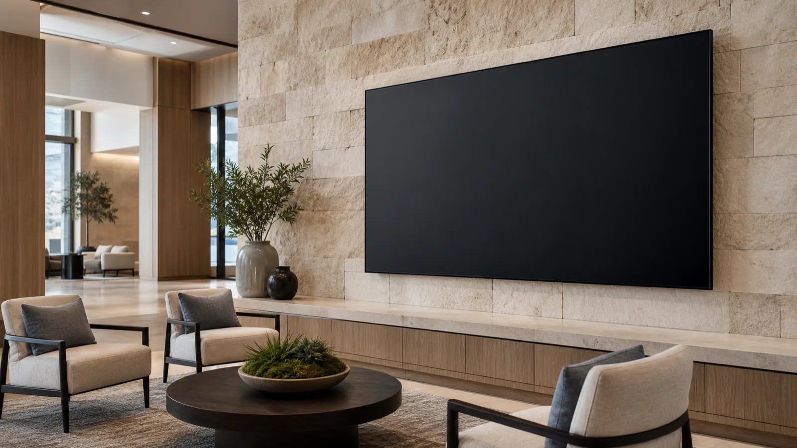 A corporate lobby with a large blank dark display panel mounted on a stone feature wall.