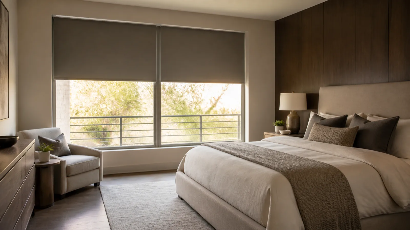 A serene primary bedroom with motorized blackout shades partly raised revealing soft morning light.