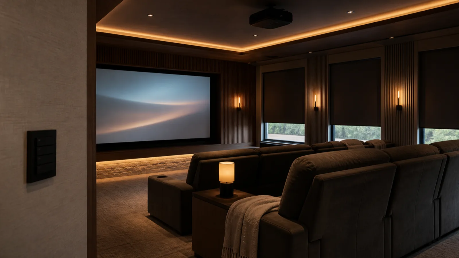 A home theater with integrated shades lowering and lights dimming, screen glowing, keypad on the side wall.