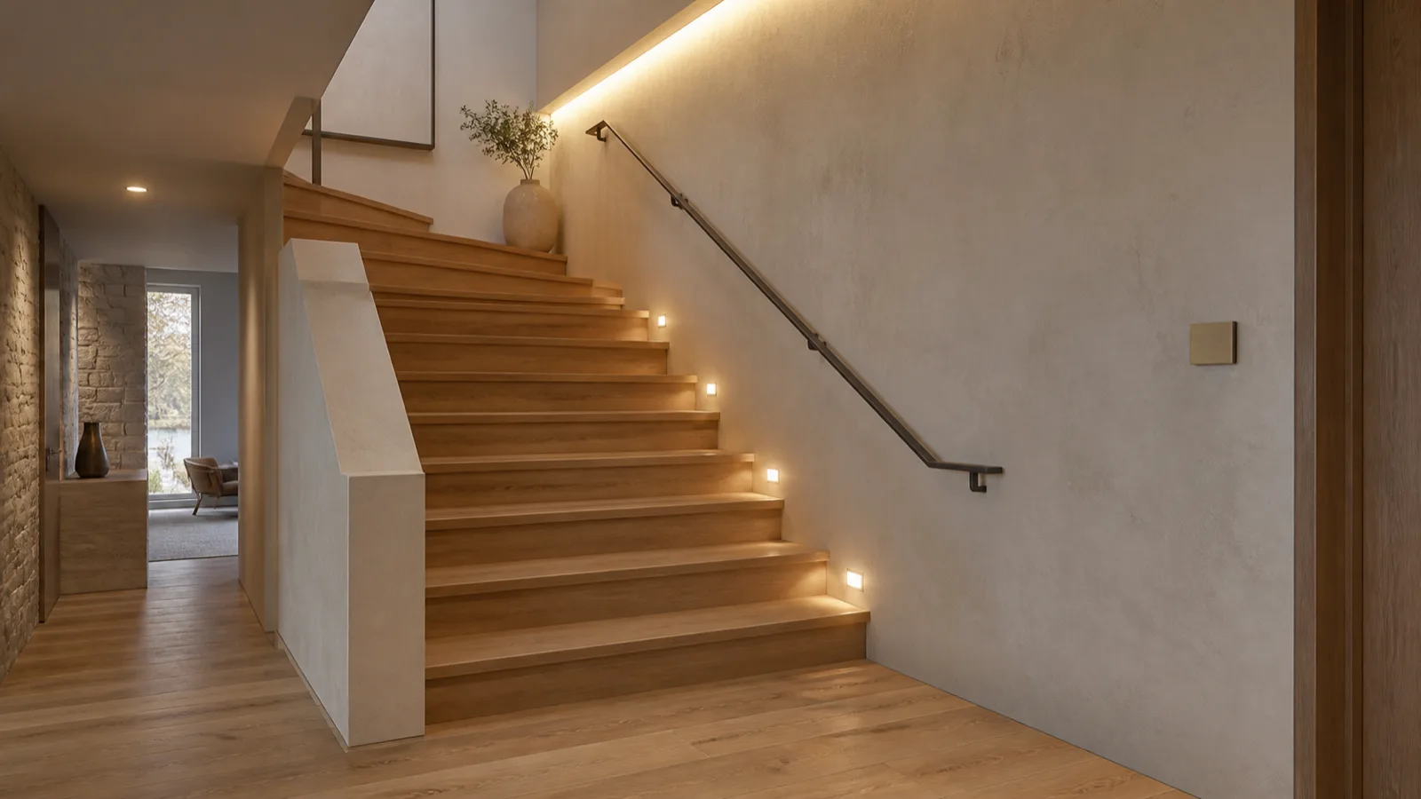 A stair hall and landing with layered architectural lighting: step lights, cove wash and a wall keypad.
