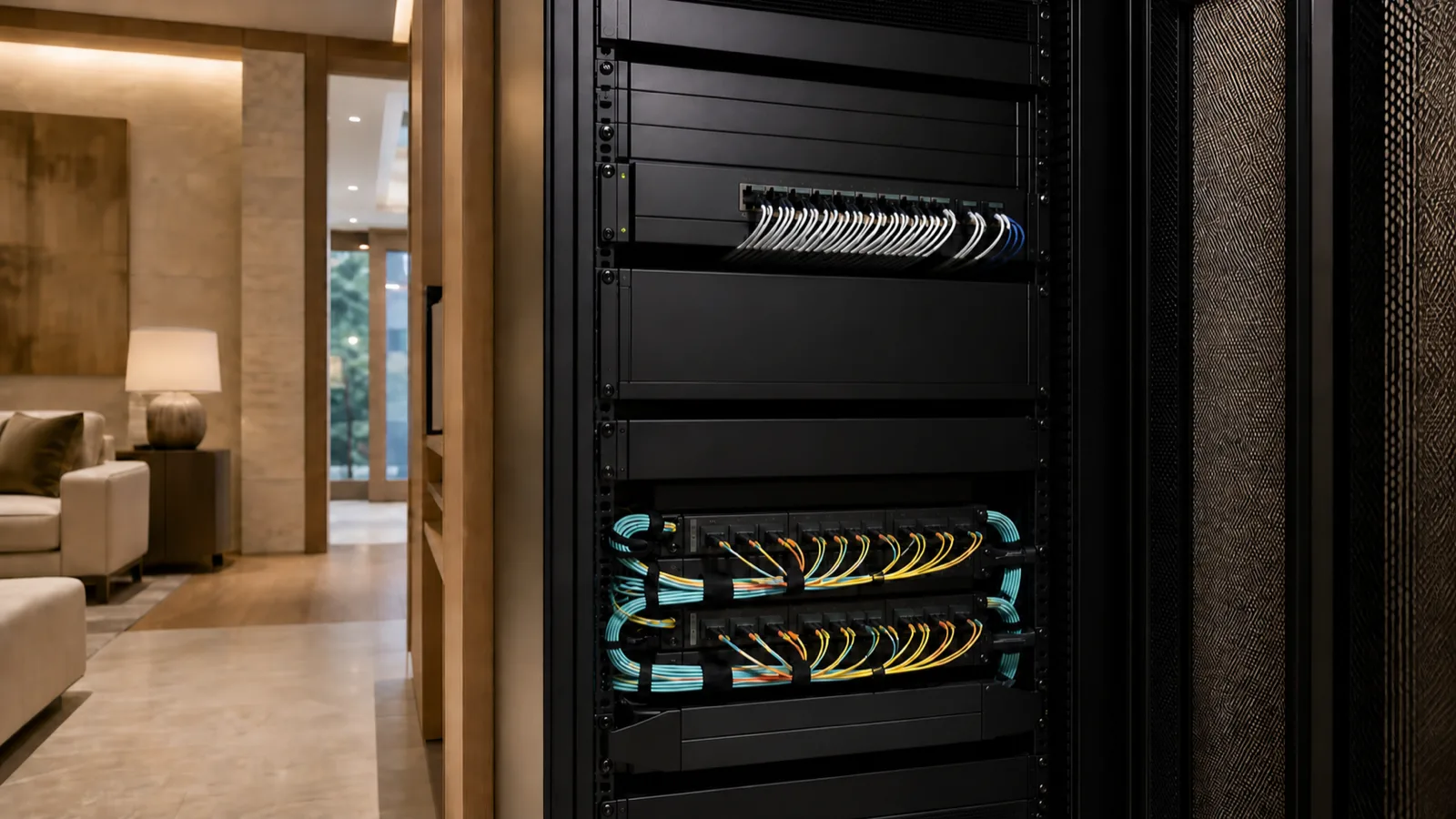 A commercial equipment rack with network switch, AV matrix and fibre patching, cables immaculately dressed.