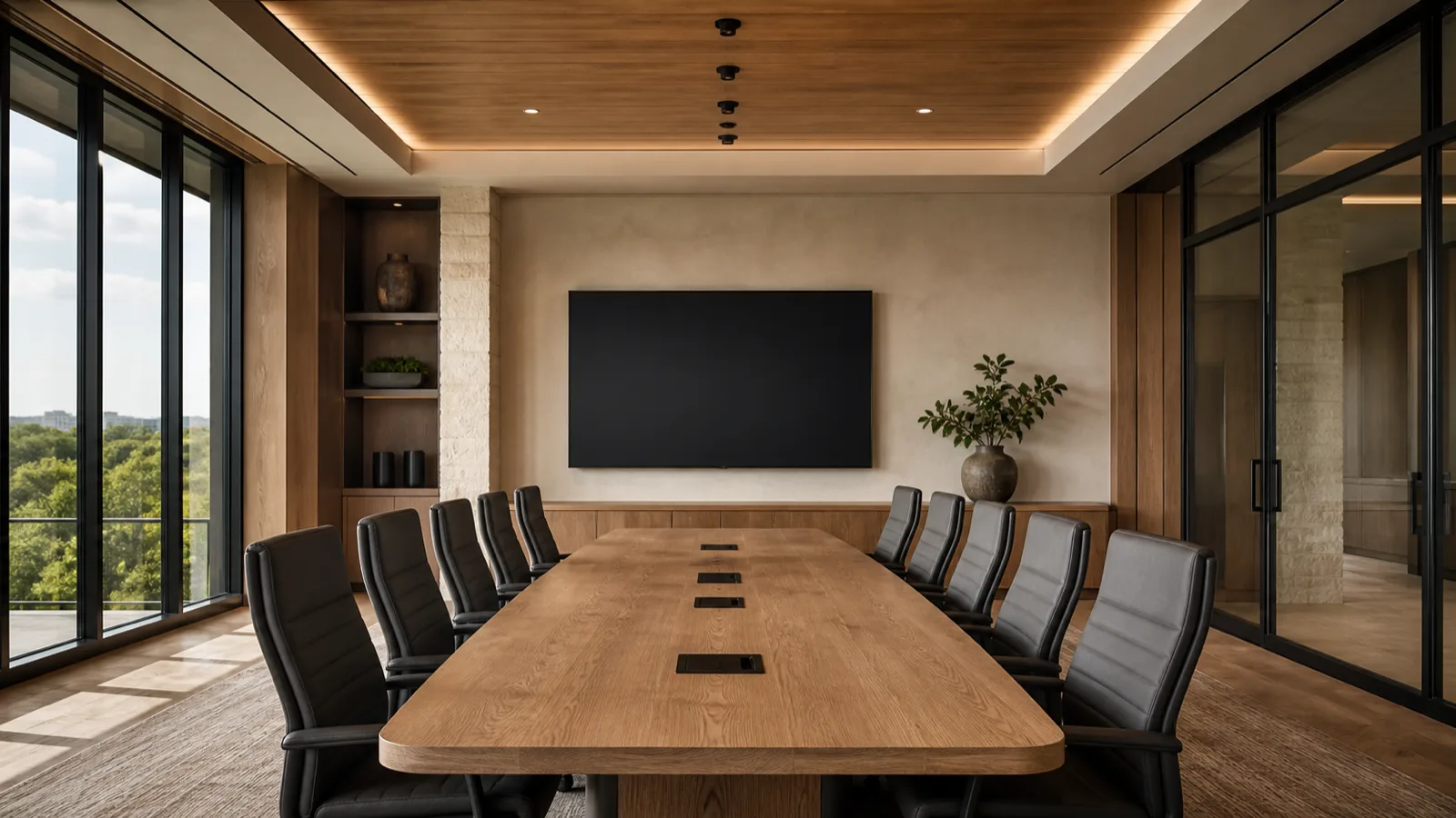 A contemporary boardroom with a large blank display, ceiling microphone array and integrated table connectivity.