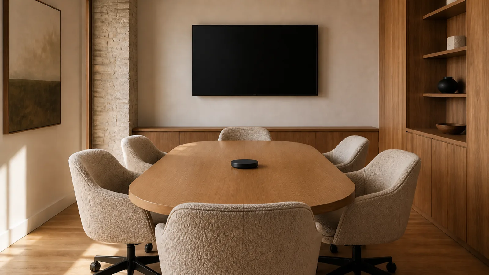 A mid-size huddle room with a blank wall display, table puck microphone and comfortable seating for six.