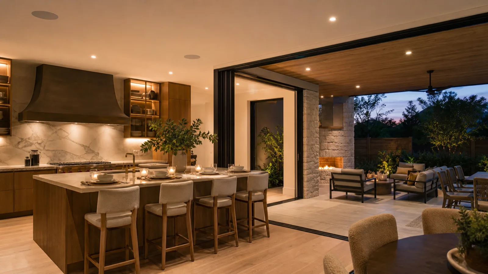 A modern kitchen and adjoining patio with flush in-ceiling speakers, music implied by warm evening entertaining setup.