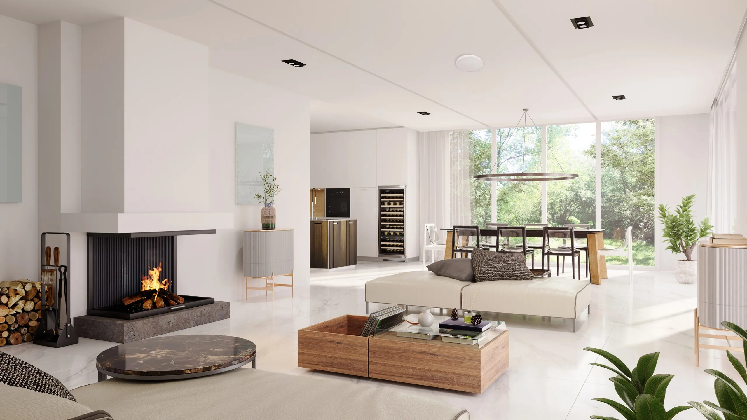 Sunlit modern living space with a discreet white circular access point on the ceiling.