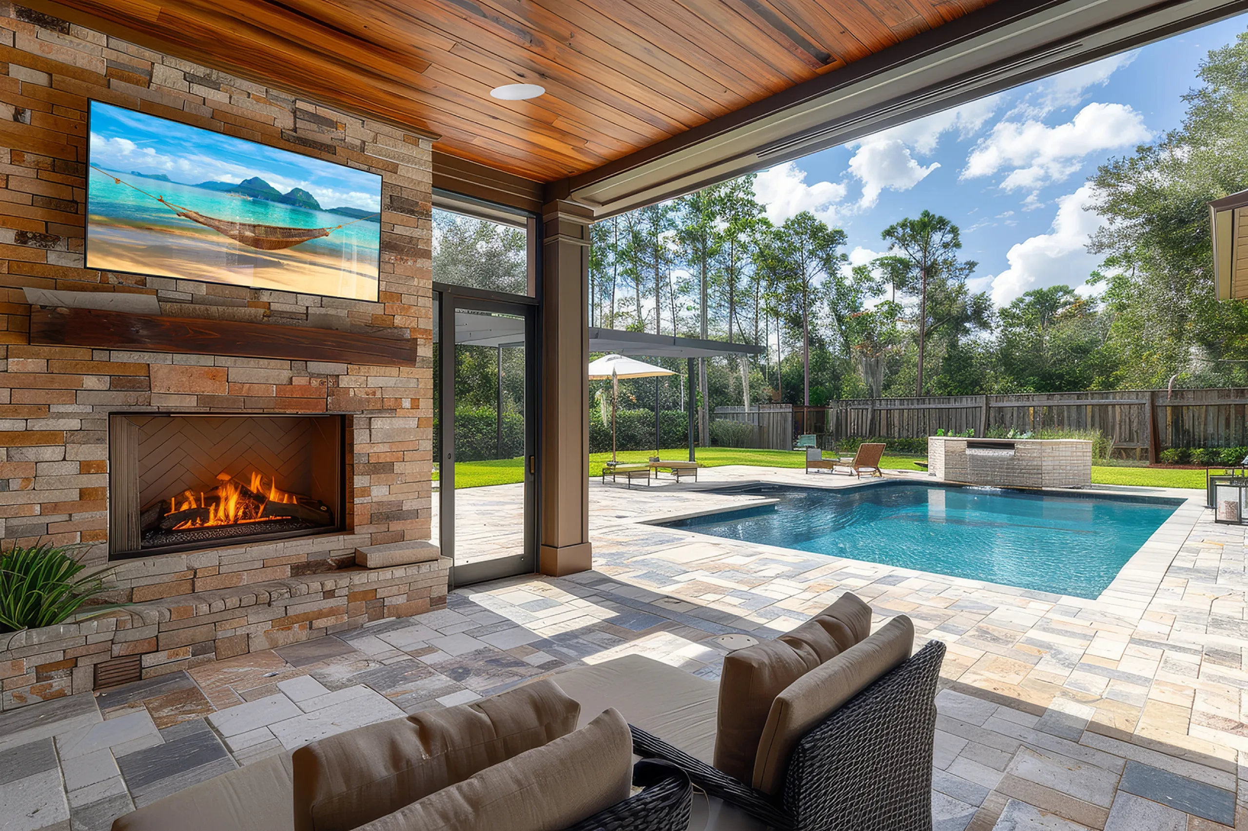 Covered patio with stone fireplace, wall-mounted TV, ceiling speaker, lounge seating, and a backyard swimming pool.