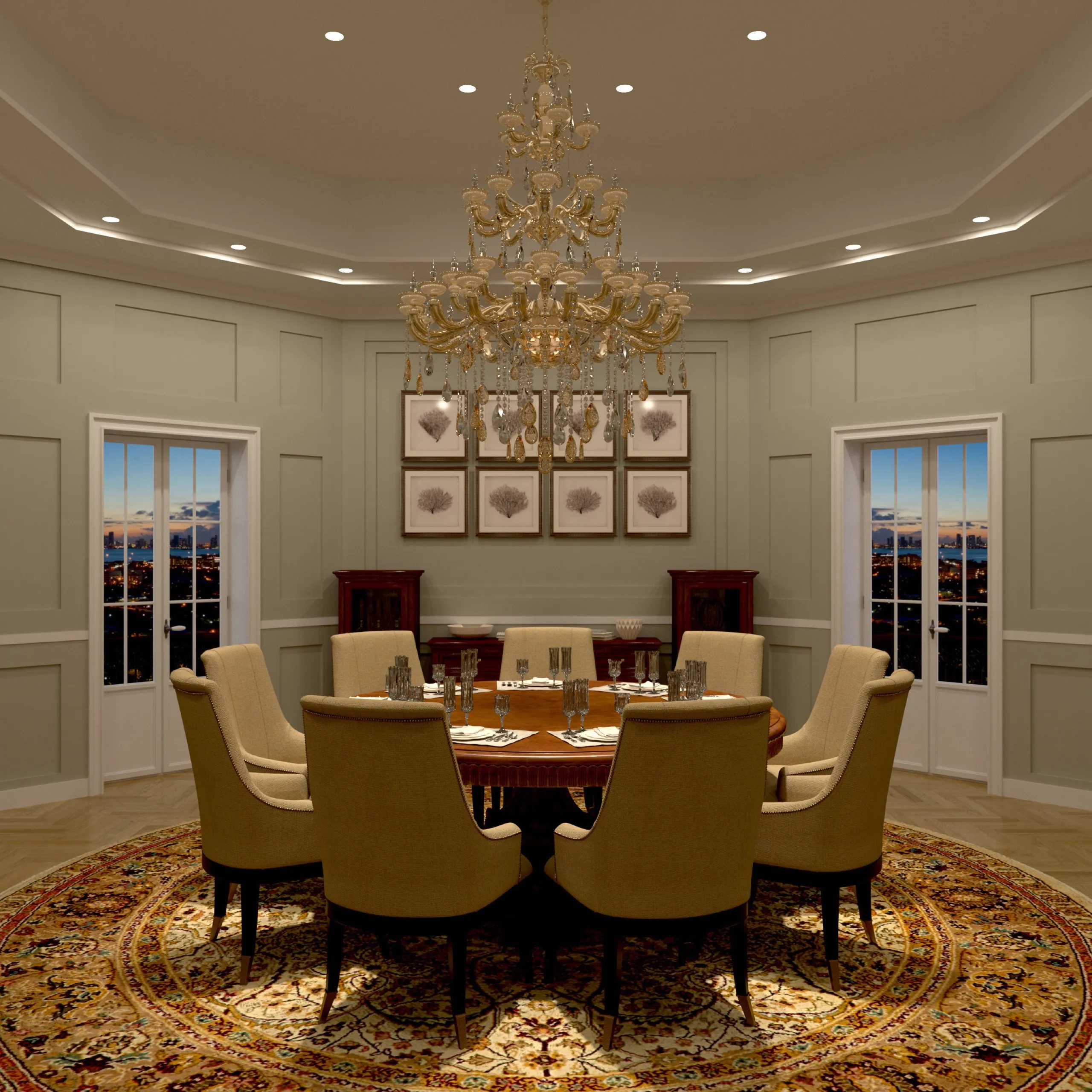Formal octagonal dining room with crystal chandelier, round table for eight, and night city views through French doors.