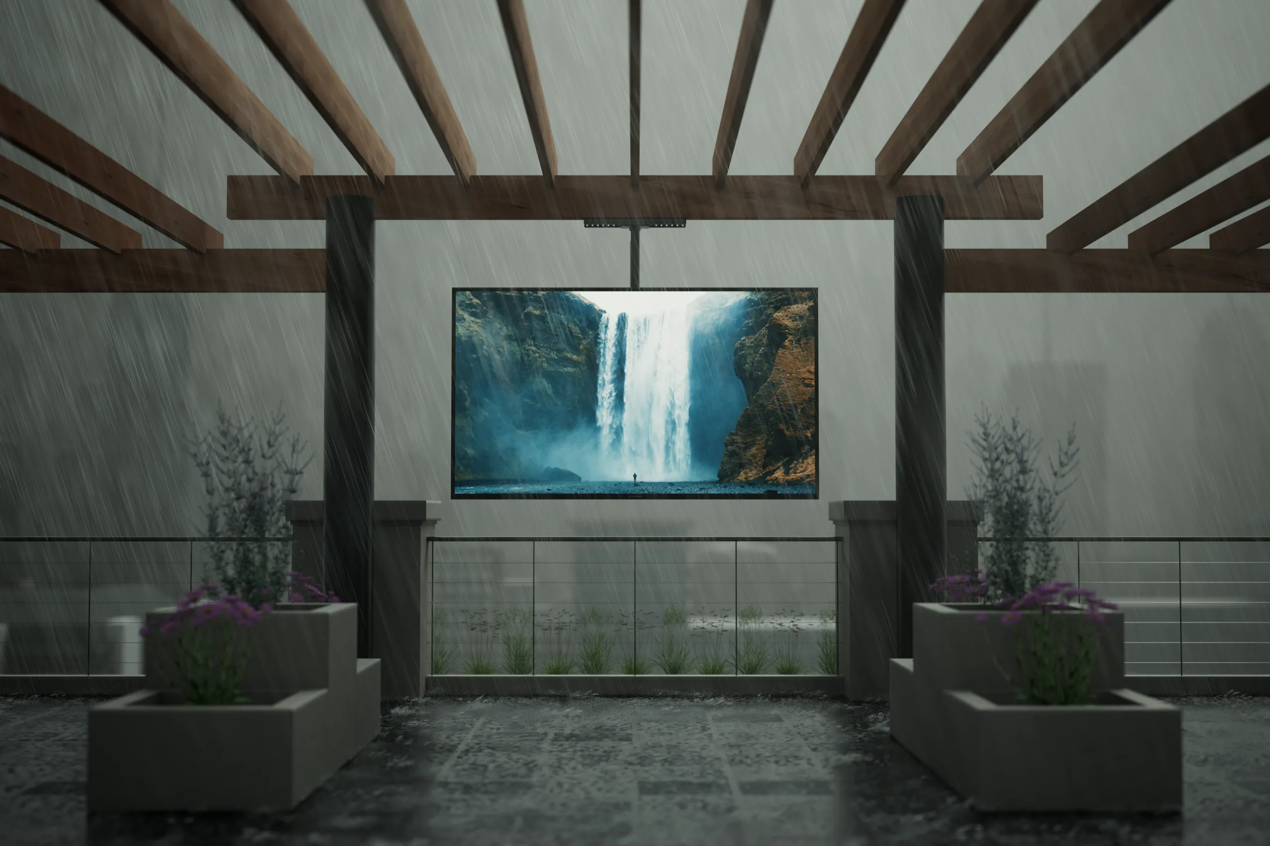 Large flat outdoor television mounted under a wood pergola showing a waterfall scene while rain falls on a rooftop patio.