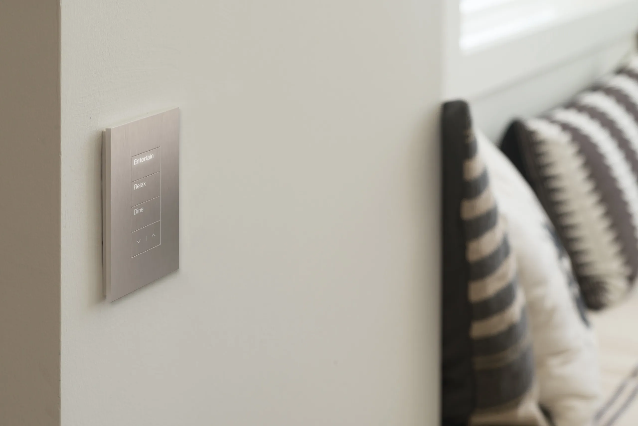 Brushed silver Lutron Palladiom keypad with backlit Entertain, Relax, and Dine buttons on a light wall.