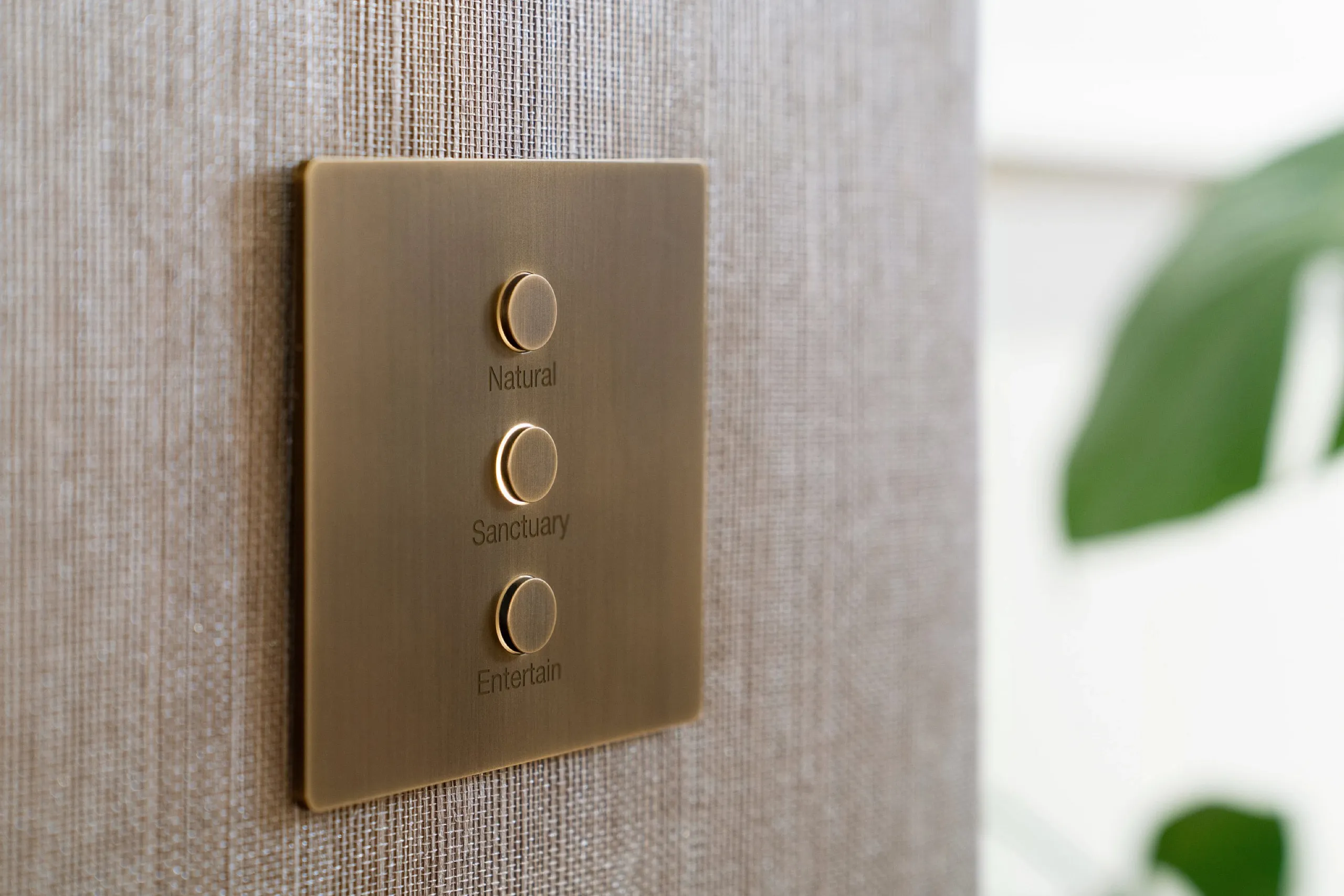 Antique brass three-button lighting keypad labeled Natural, Sanctuary, and Entertain on woven wallcovering.