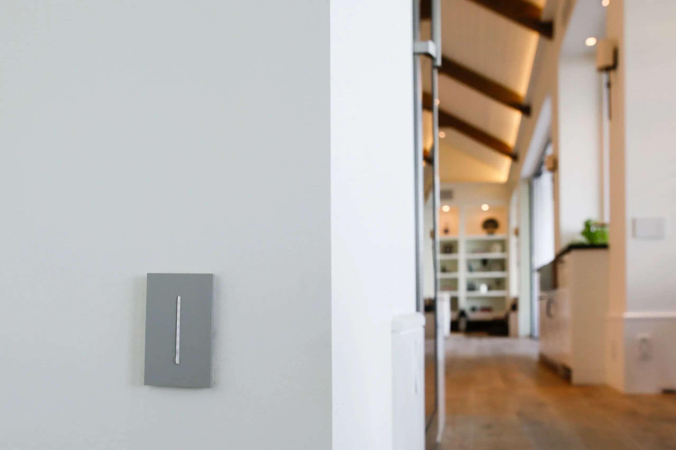 Gray Lutron Grafik T dimmer with a silver vertical bar on a white wall overlooking a bright open-plan home.