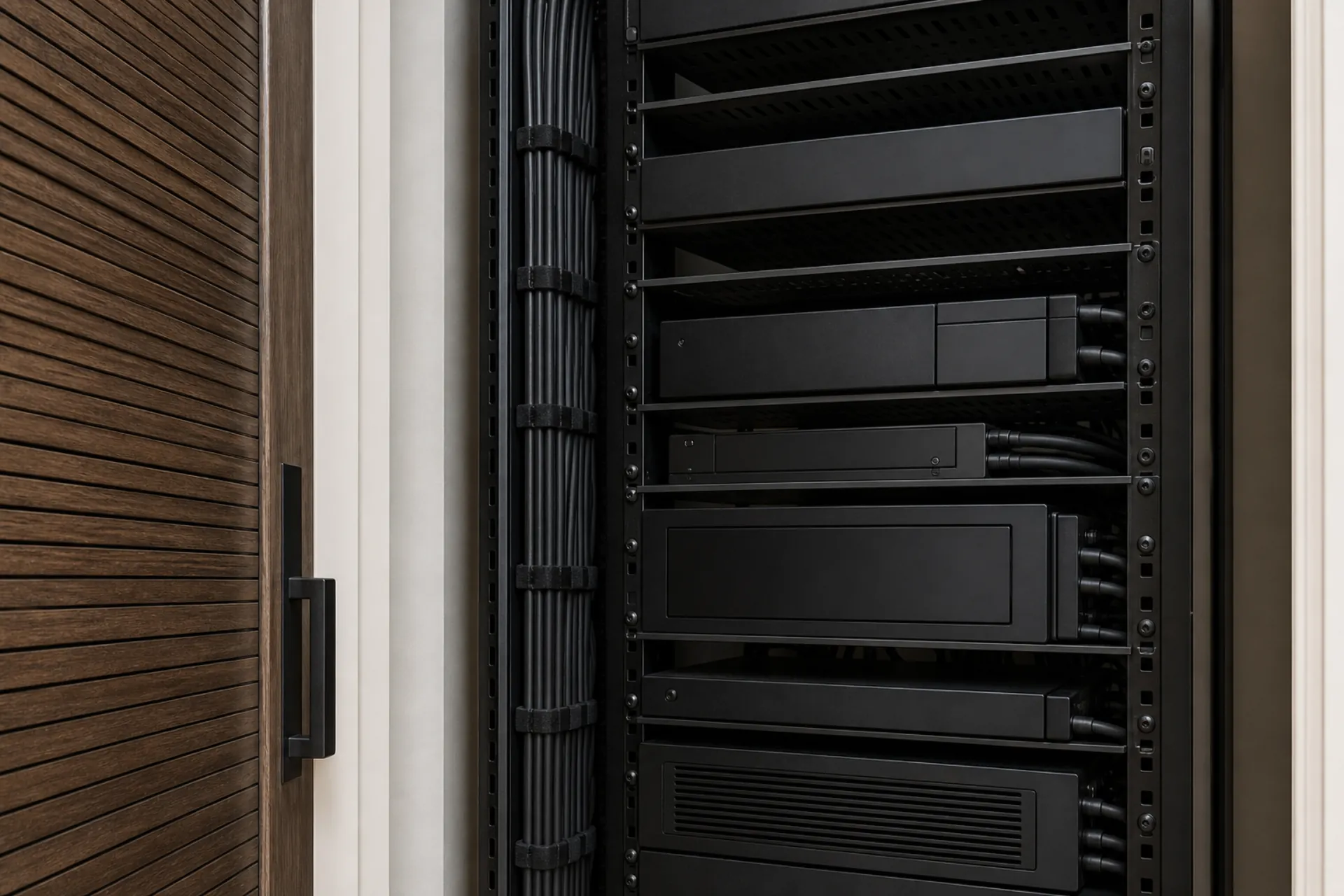 Close-up of an equipment rack behind a slatted wood door, with black components and a velcro-dressed cable loom.