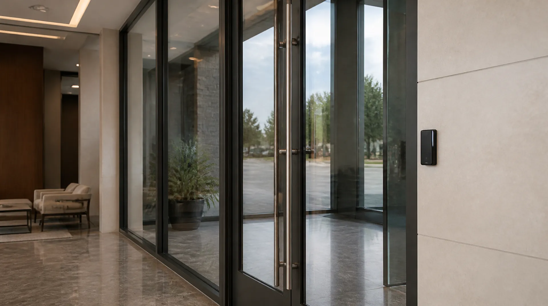 Slim matte-black badge reader with a single indicator light mounted on the frame of a glass office door.