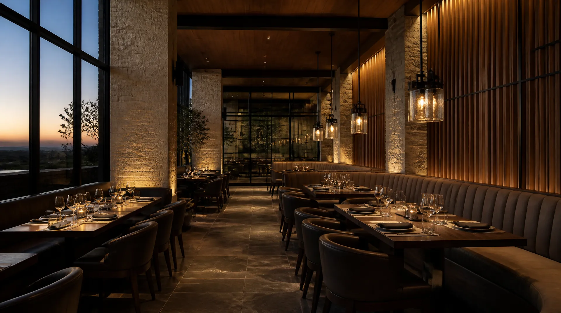 Restaurant dining room at golden hour with black ceiling speakers set between recessed lights and banquettes along a brick wall.