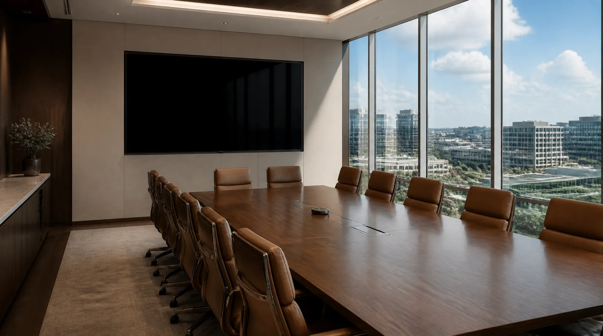 Executive boardroom with a long walnut table and twelve leather chairs, a wall display switched off, and a slim microphone array suspended above the table.