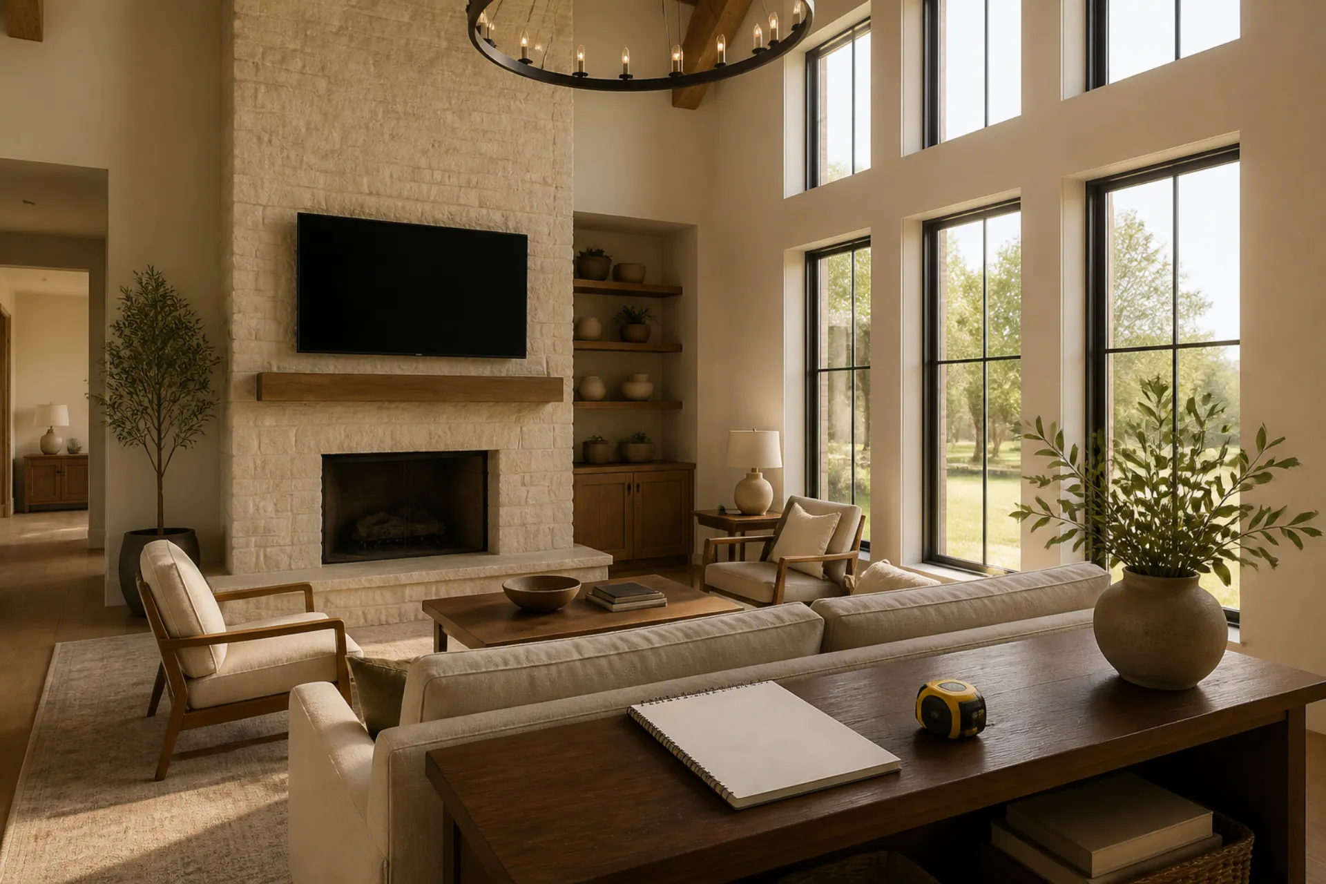 Bright great room with a blank spiral notebook and a tape measure on a console table beneath a television above the fireplace.