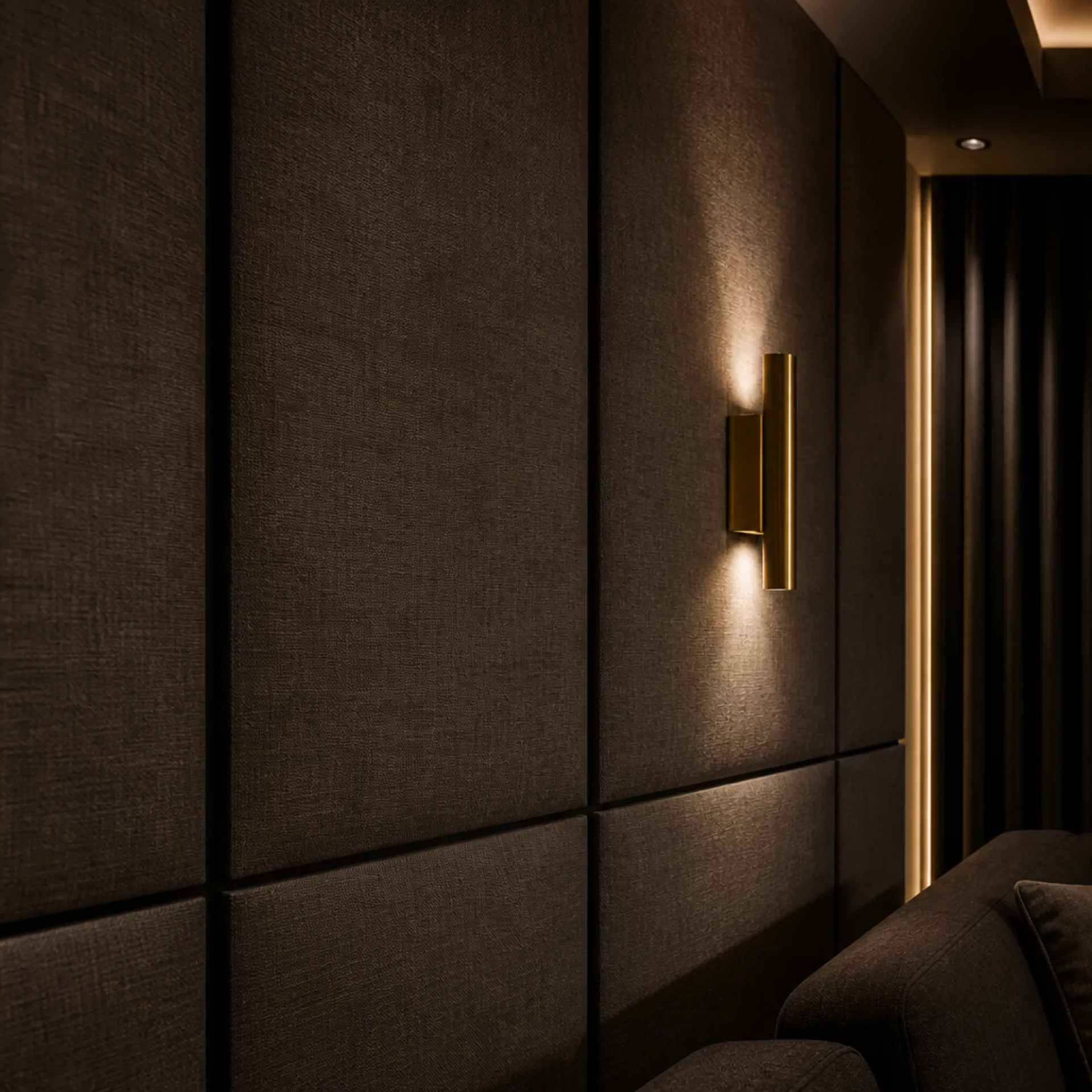Square detail of dark acoustic fabric panels stretched over insulation inside an open stud wall.