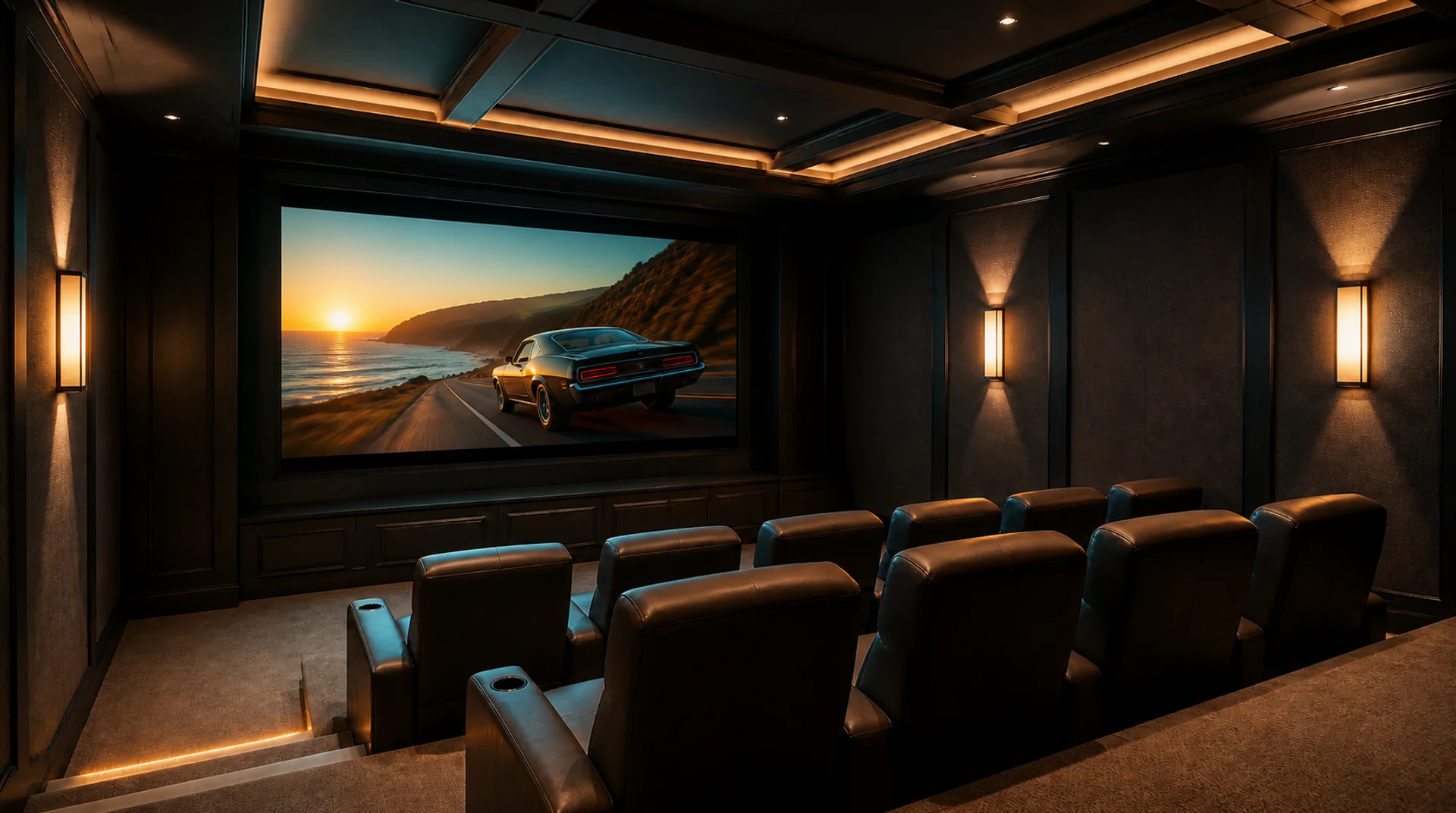 Dedicated home cinema with two tiered rows of leather recliners facing a lit screen playing a film scene of a car on a coastal highway at sunset, dark acoustic wall panels and warm cove lighting and wall sconces.