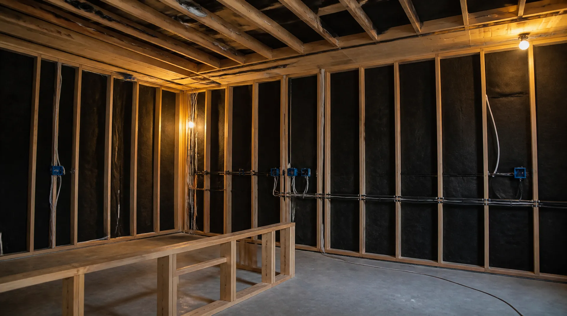 Backer fabric stapled between wooden studs on a theater wall under construction, cable runs combed along the joists.