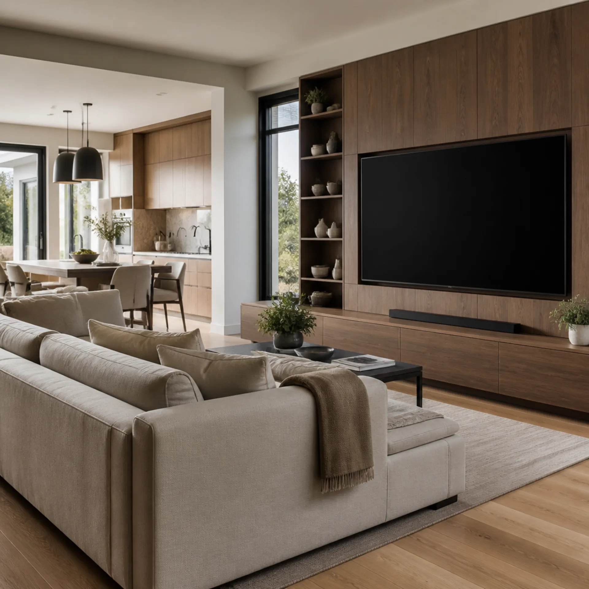 Bright media room in daytime with a large display switched off above a low console and lamps still on.