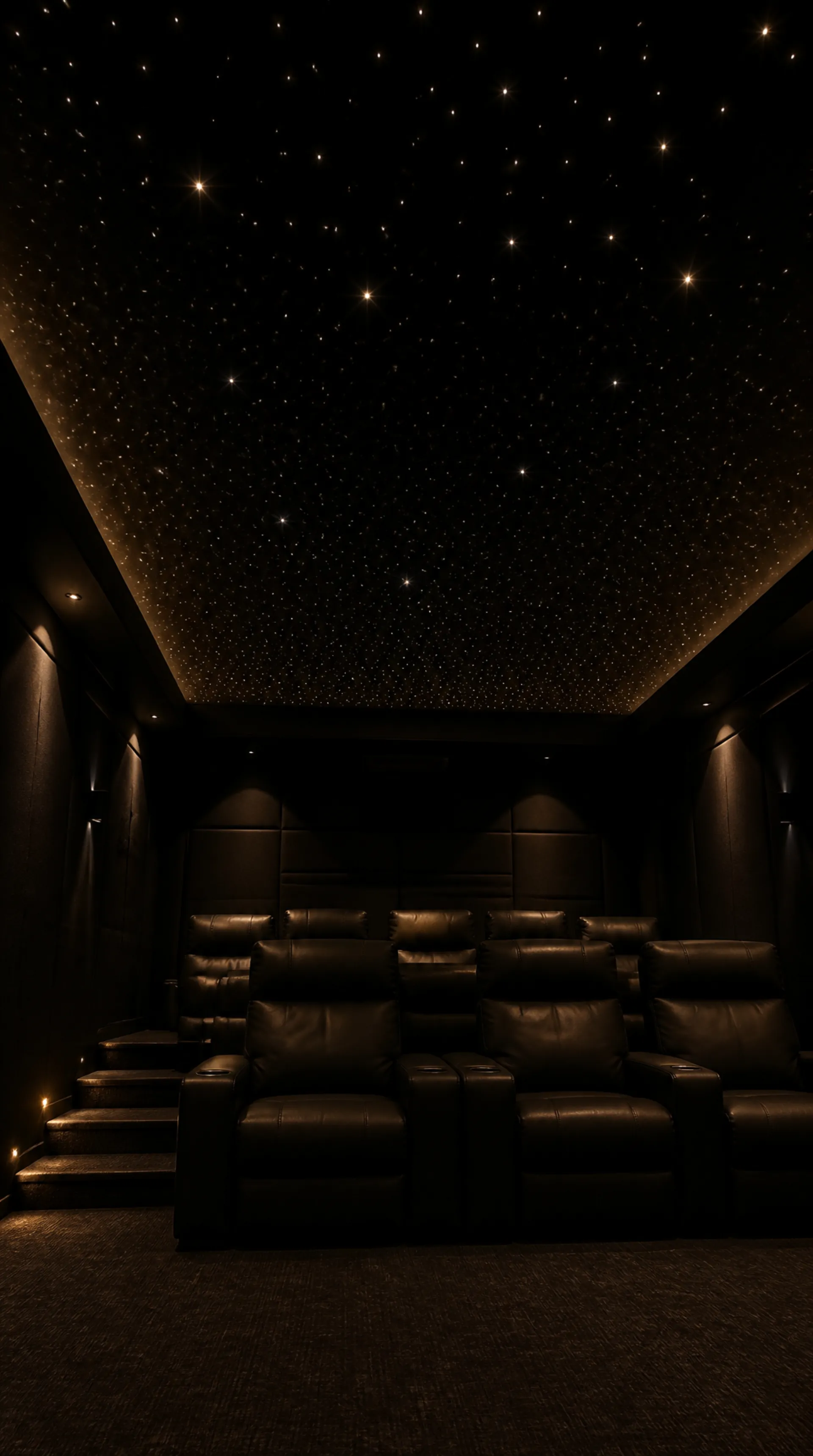 Dark home theater ceiling dotted with tiny fiber-optic star lights above two rows of seating.