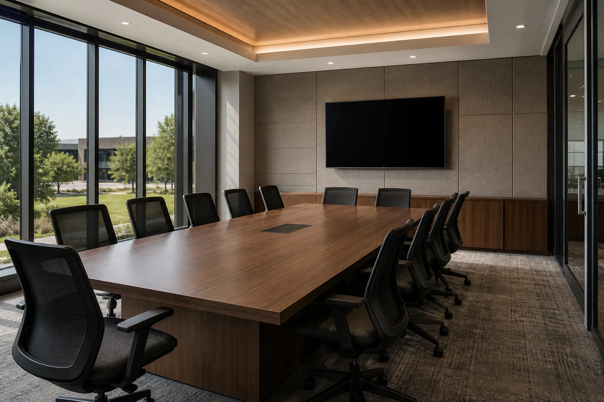 Boardroom with a long wood conference table, mesh chairs, and a wall-mounted display switched off on an acoustic-panel wall beside floor-to-ceiling windows.