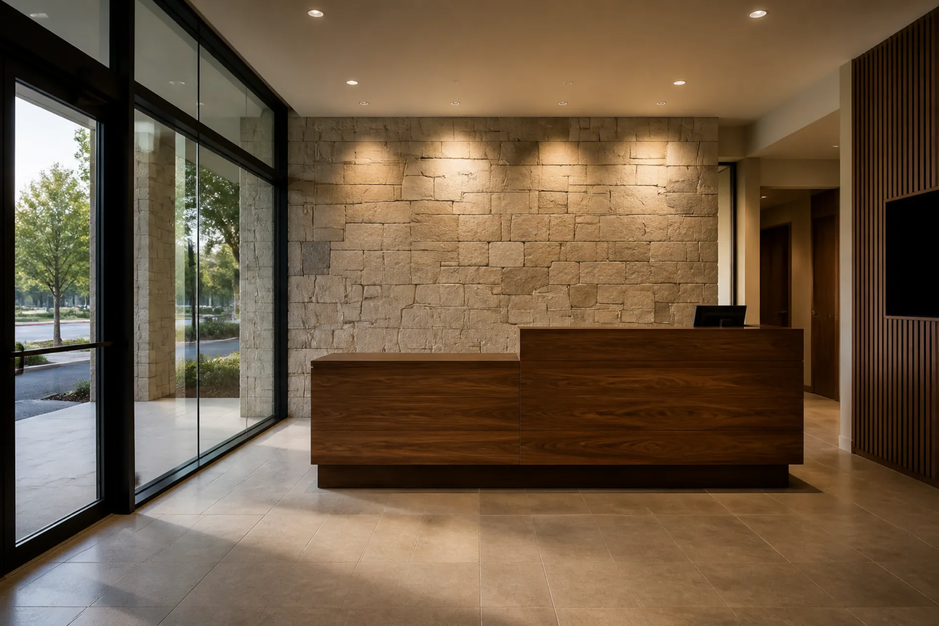 Commercial reception with a walnut desk, a monitor switched dark on the counter, and a downlit limestone feature wall beside the glass entry.