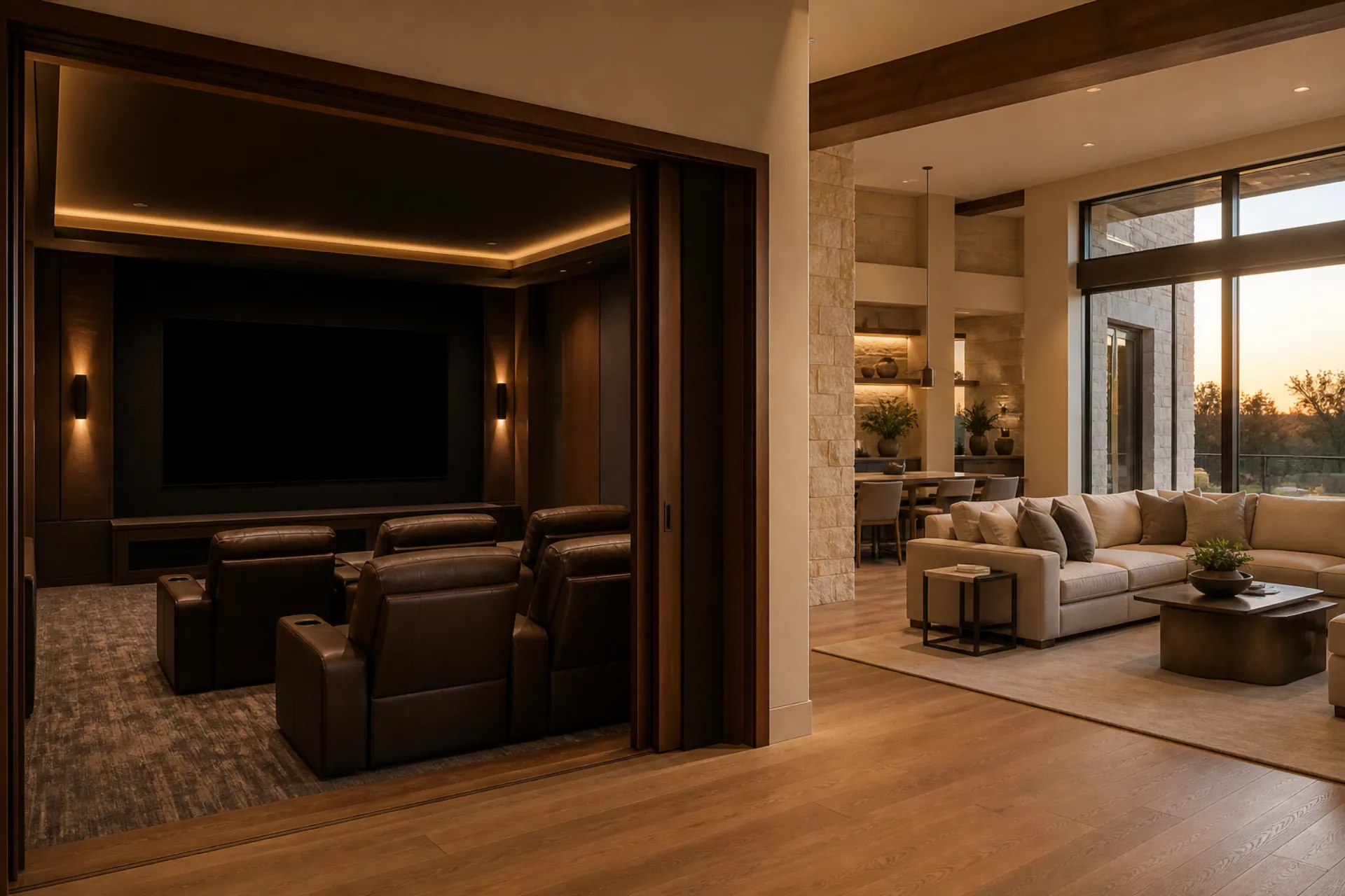 Wood-framed new-construction interior with low-voltage wiring runs and a black backbox mounted between studs, houses visible through the window openings.