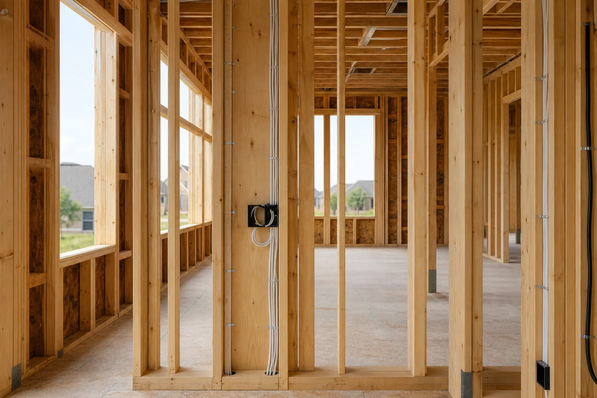 New-build framing interior with neatly clipped white cable bundles running down the studs to backboxes.